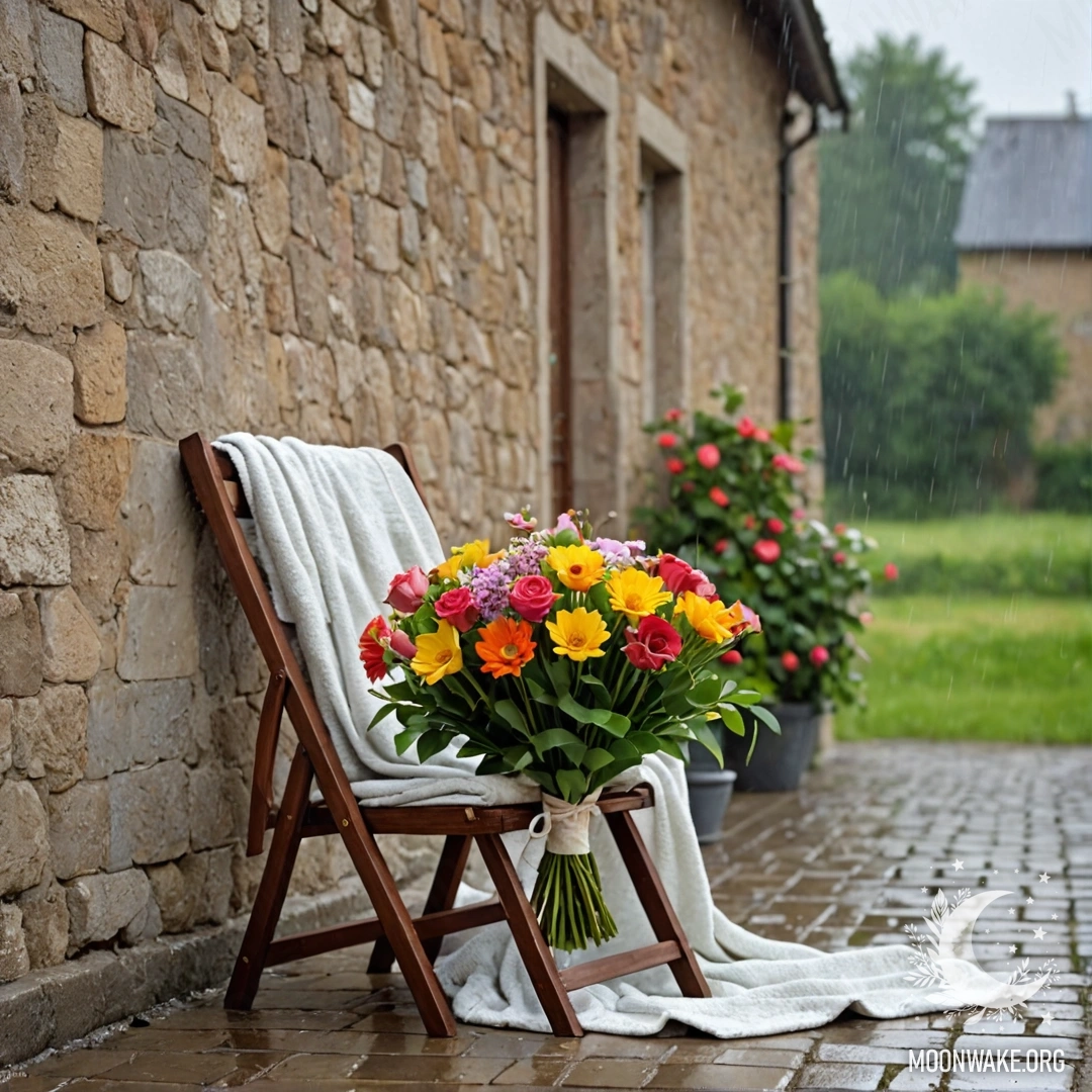 A chair against a shabby wall, draped with a blanket, holding a bouquet of flowers in the rain.
