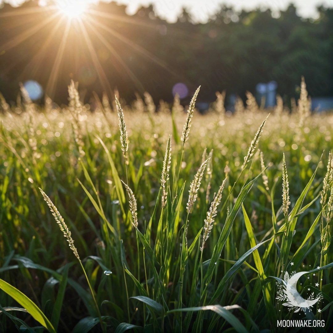 Serenity in a Bokeh Field Close-up view of grass in a peaceful field with flowers blurred in the background.