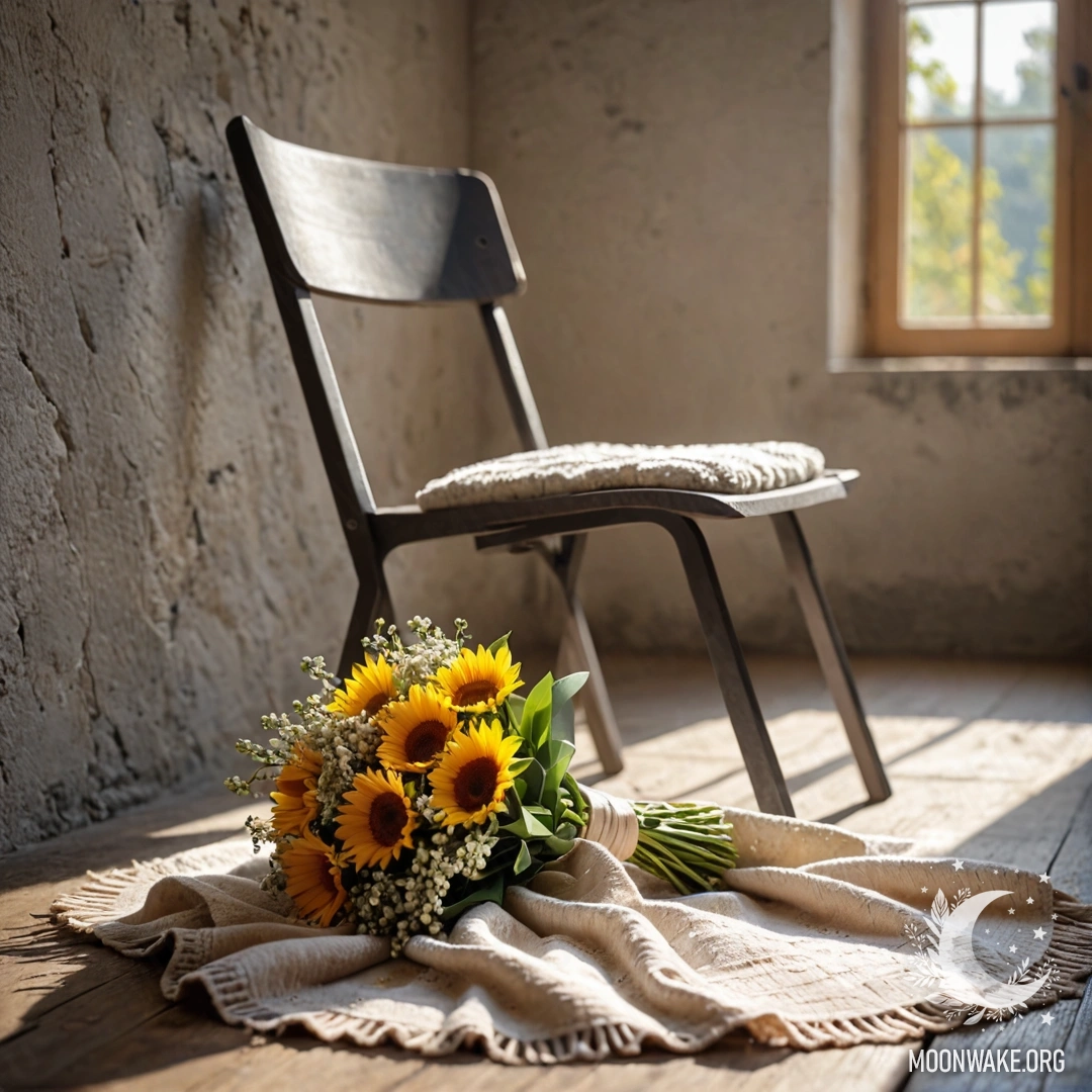 A chair with a blanket and a bouquet of flowers on it, in front of a shabby wall with sun rays shining down.