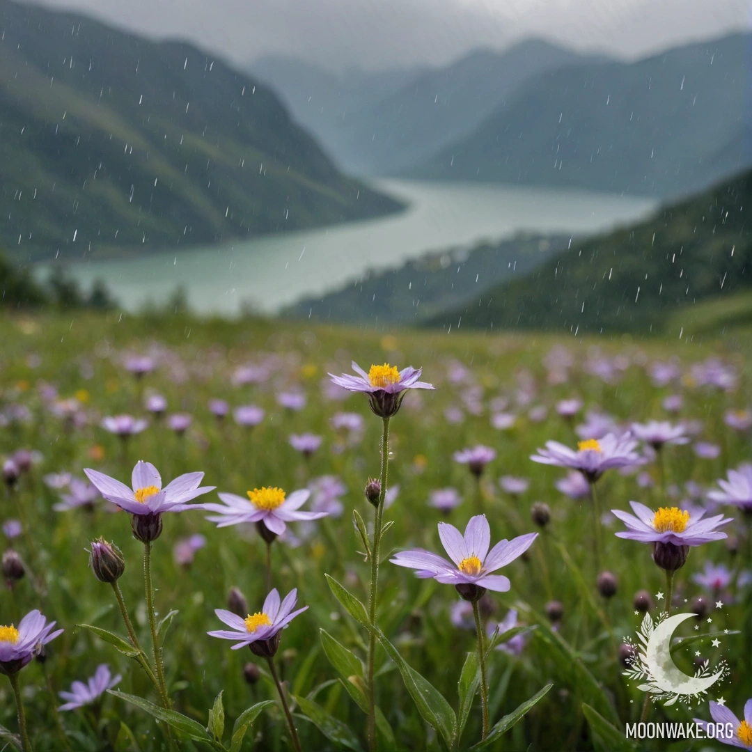 Close-up of colorful field flowers in the rain with mountains in the background.