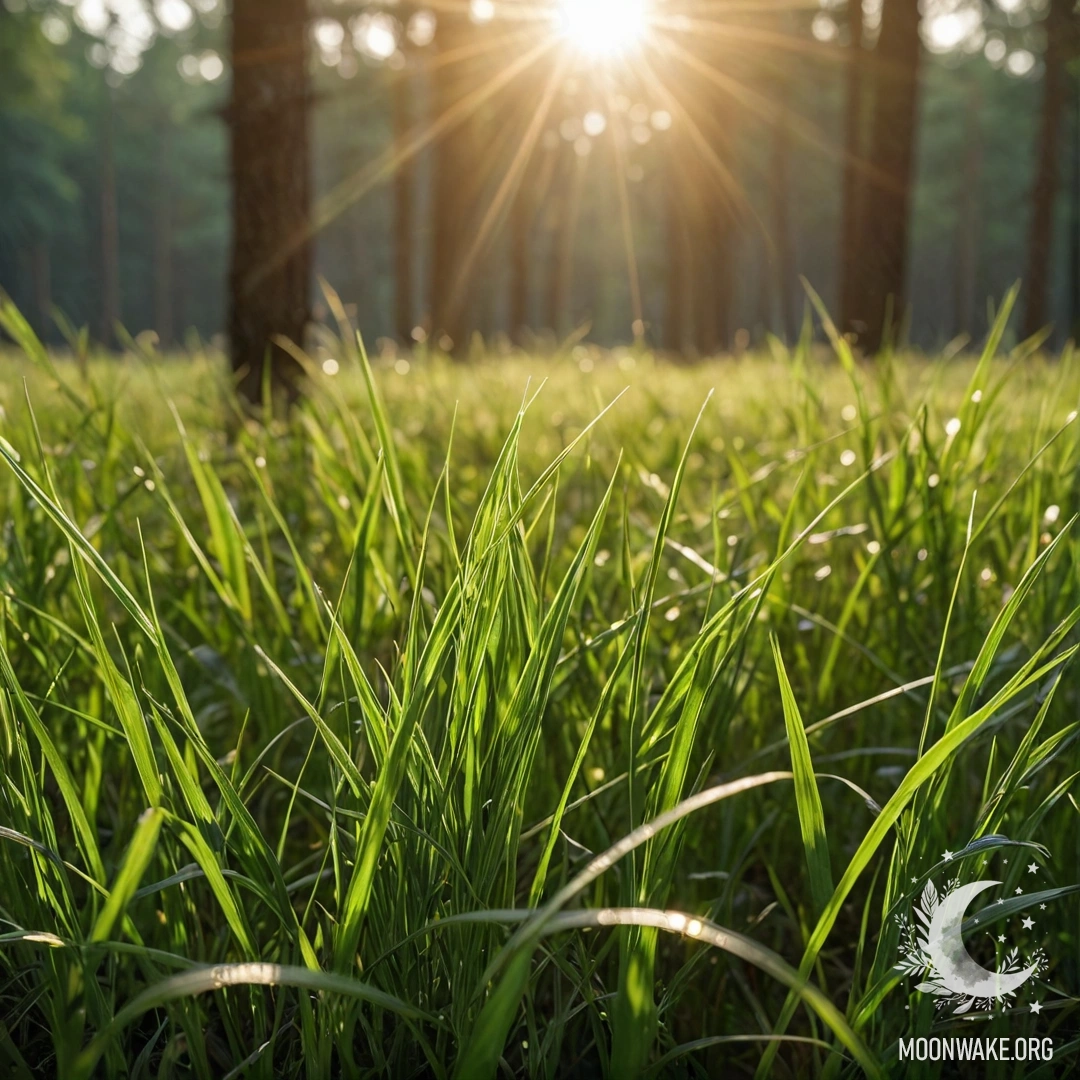 Close-up of grassy field with blurred forest background and sun rays.