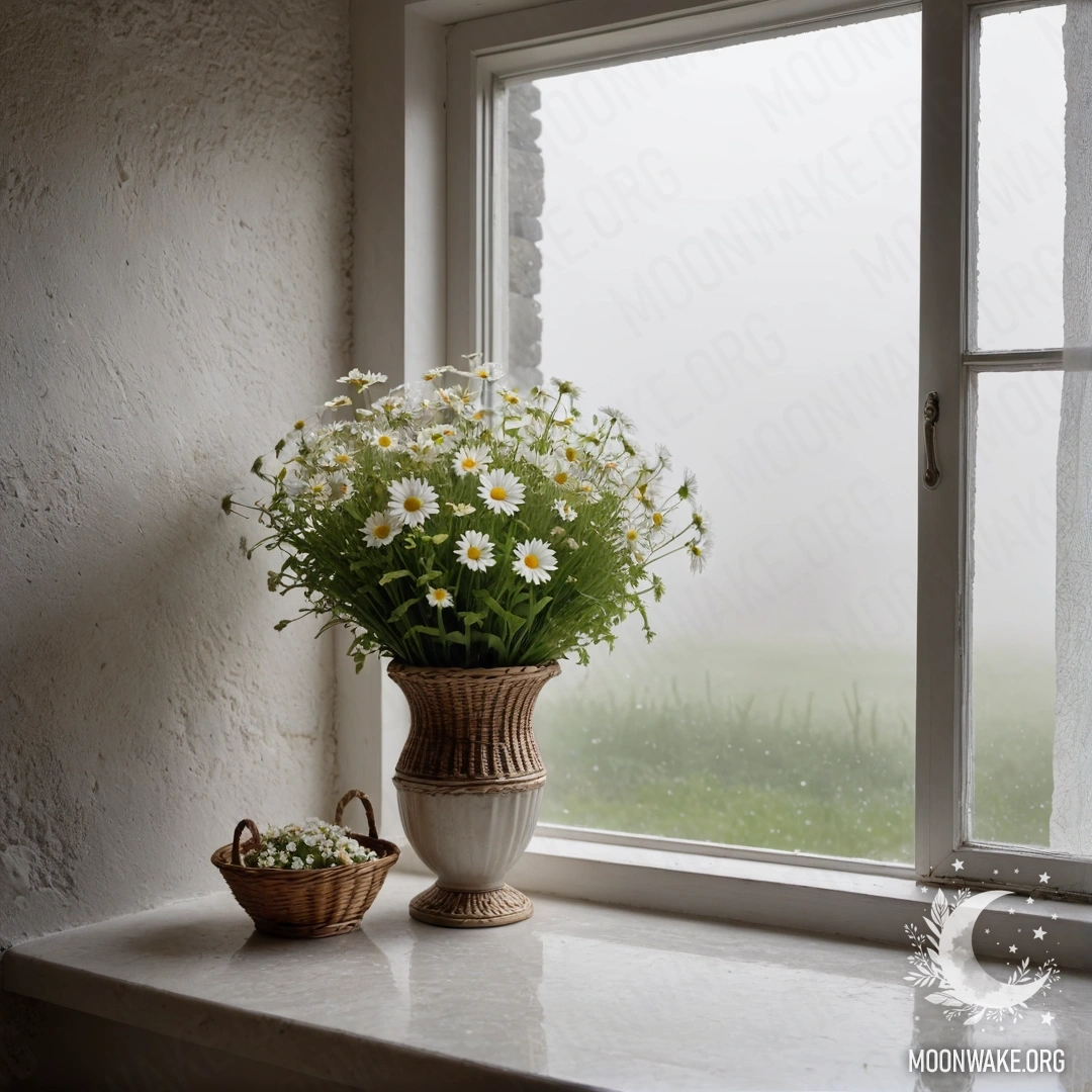 Serenity in the Mist A white stone wall with an open window and a basket of daisies on the windowsill, enveloped in thick fog.
