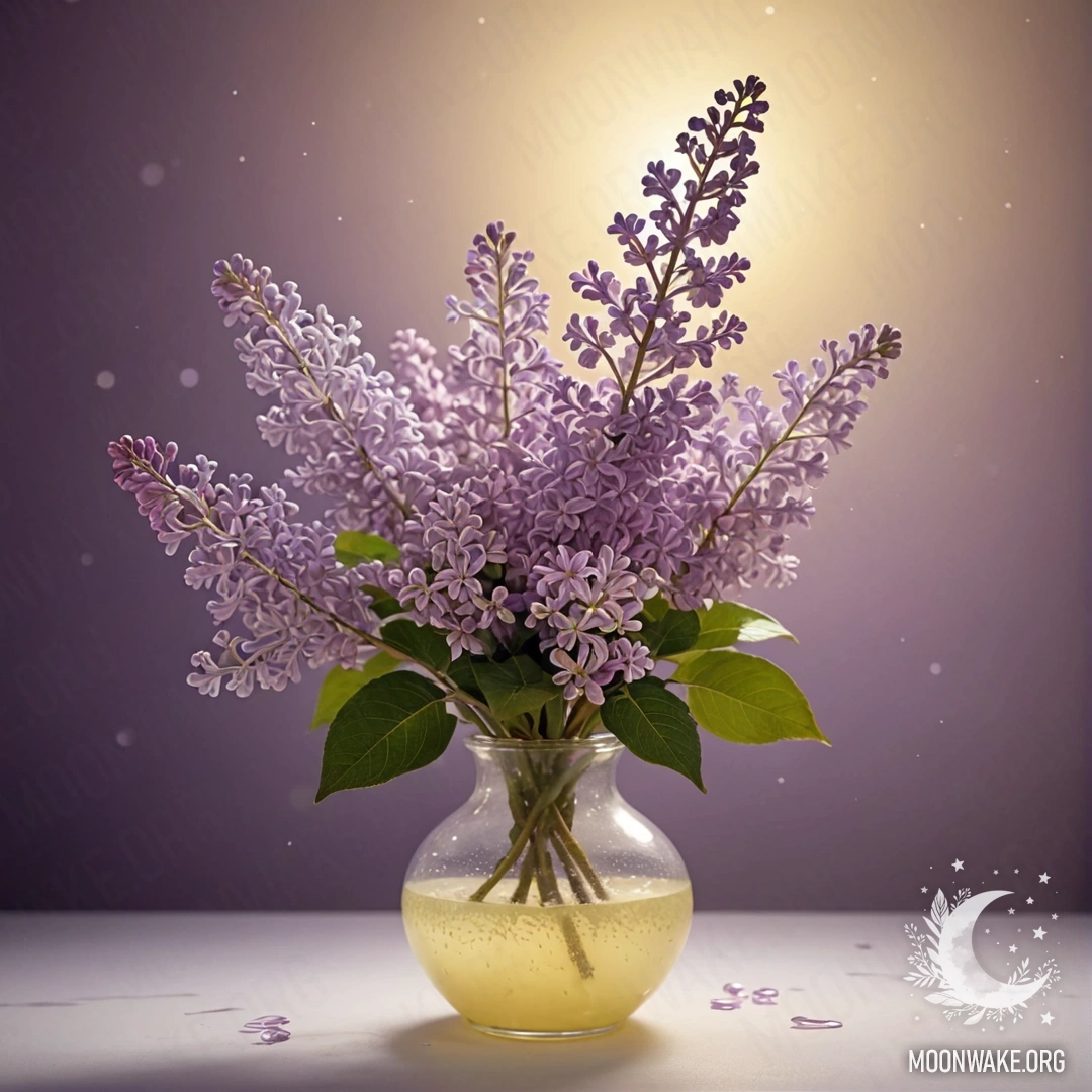 A lilac flower in a cream-yellow vase surrounded by fog at night.
