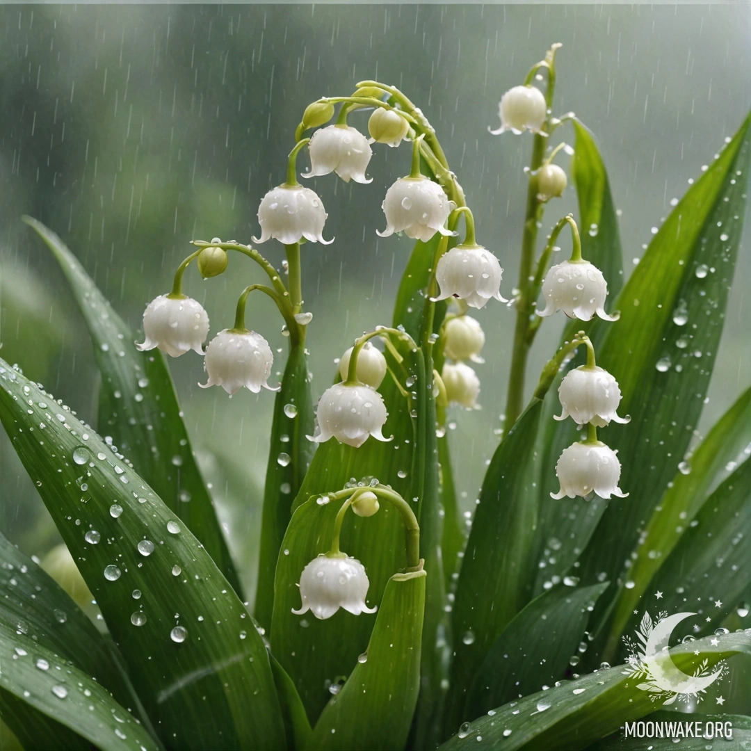 A delicate lily of the valley flower blooms in soft mist under rain.