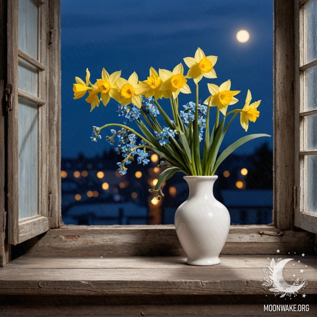 Serenity of Night: Flowers by the Window A white porcelain vase with daffodils and forget-me-nots on a shabby wooden window sill at night.