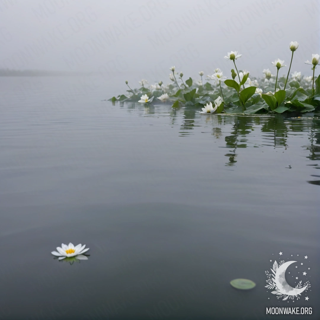 A serene scene of peaceful white flowers floating on water in dense mist.