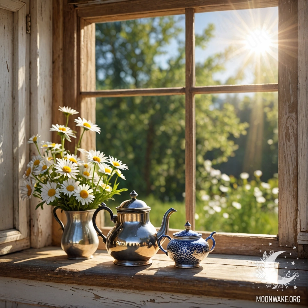 A shabby wooden window sill adorned with a metal teapot and daisies, illuminated by gentle sun rays.