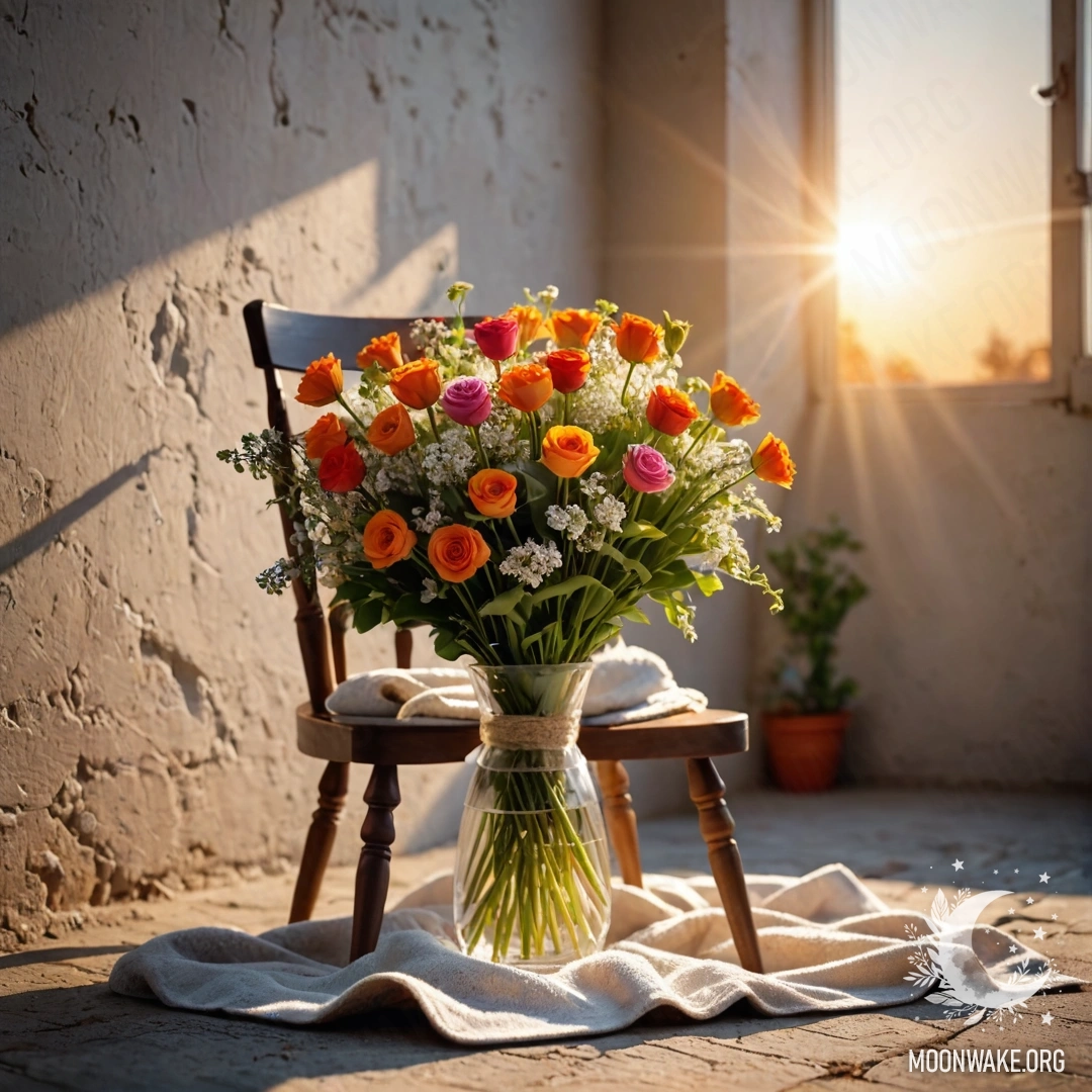 Serenity on a Shabby Wall A chair draped with a blanket and a bouquet of flowers against a shabby wall during sunset.