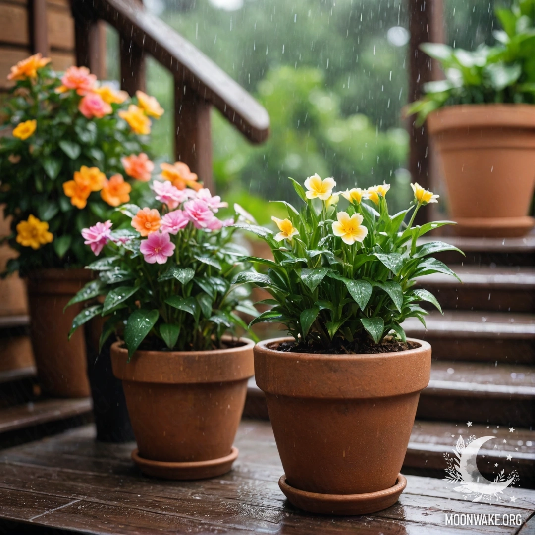 A peaceful wooden staircase adorned with flowerpots under the rain.