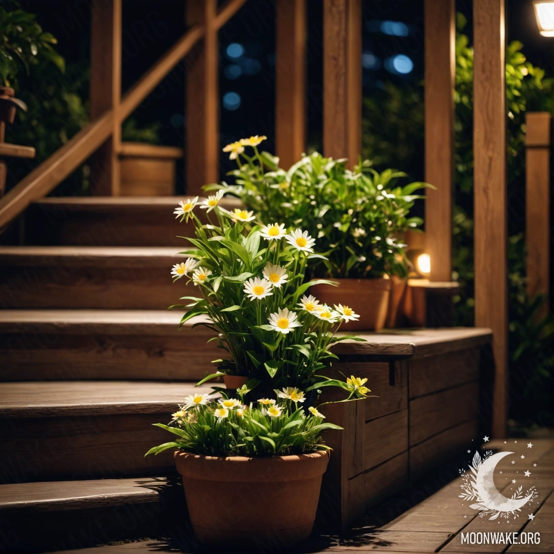 Serenity on a Wooden Staircase at Night A wooden staircase adorned with flowerpots at night