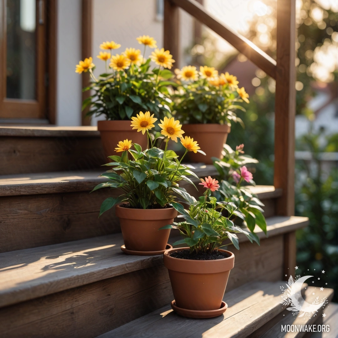A wooden staircase adorned with flowerpots during sunset.