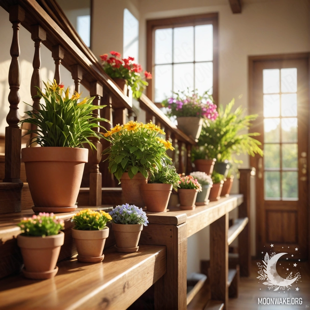 A serene wooden staircase adorned with flowerpots and sun rays.