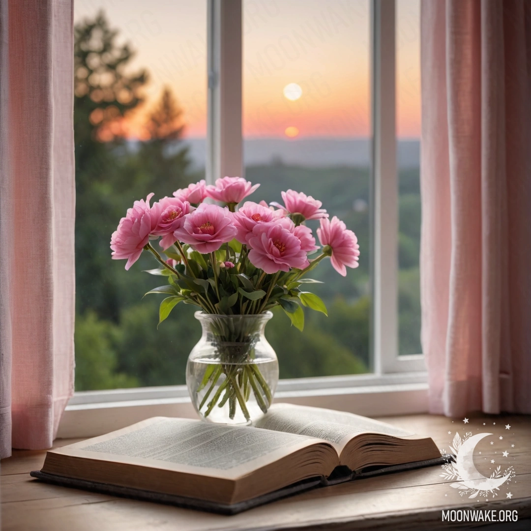 A wooden windowsill featuring an old shabby book and a gray vase with pink flowers, accompanied by a pink curtain during sunset.