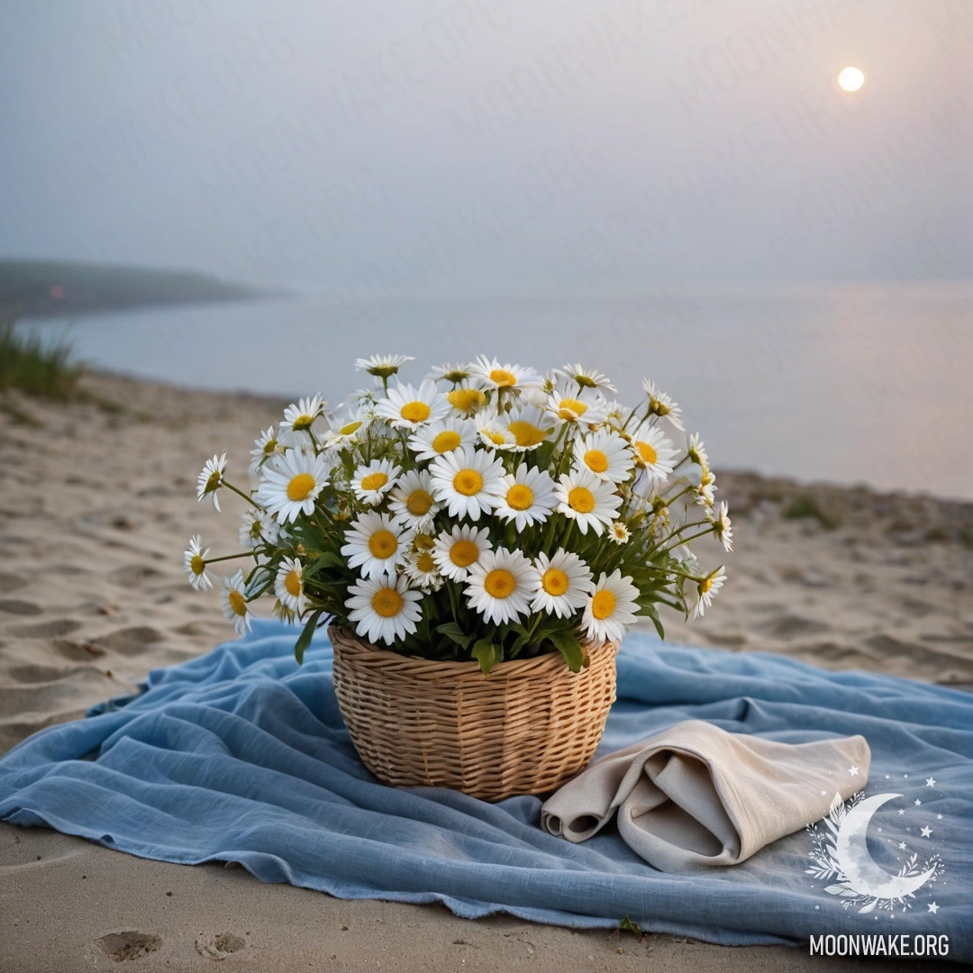 A straw bag with a blue tablecloth and daisies on a sandy beach at sunset with a misty sea background.