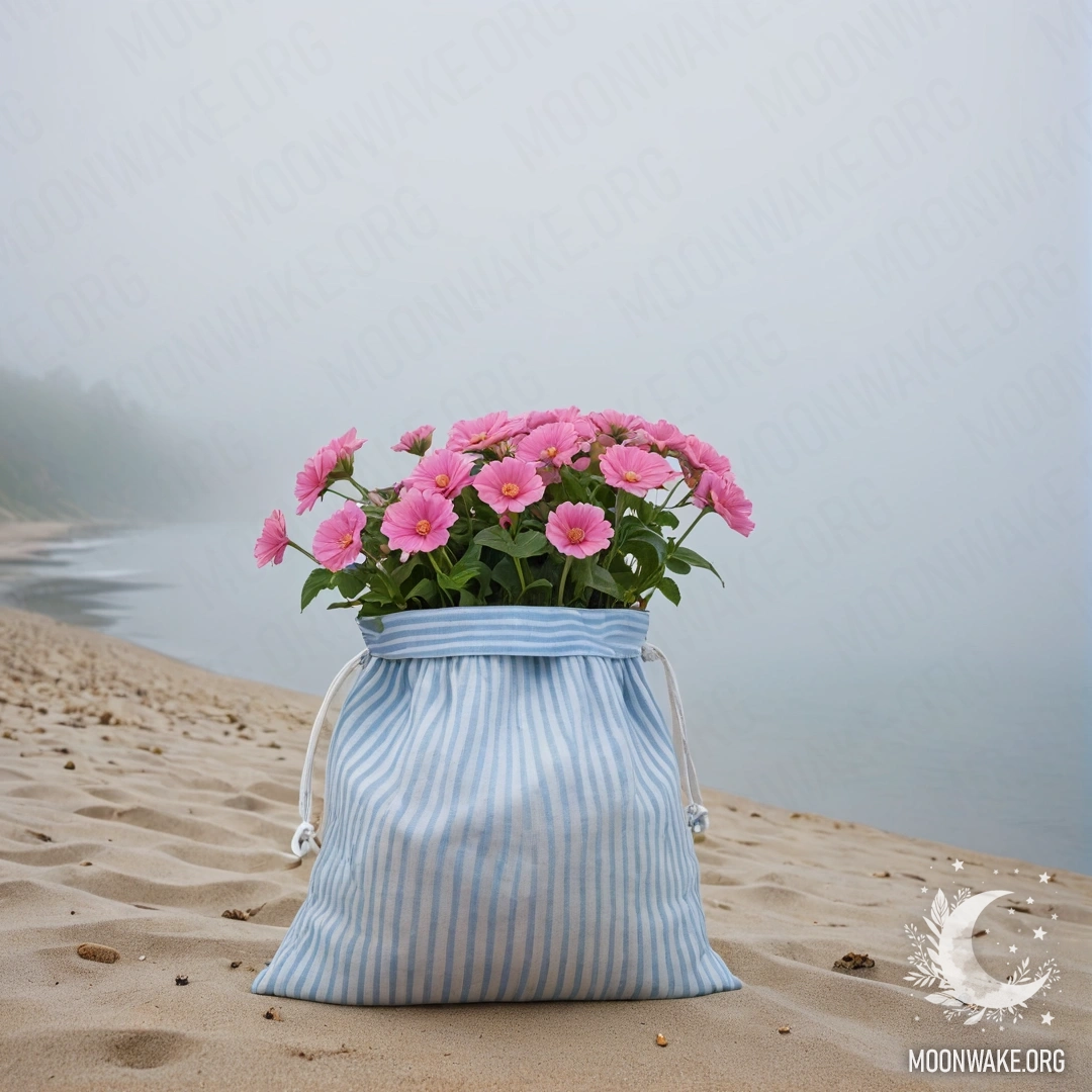 A white and blue striped bag filled with pink flowers on a sandy beach, with the blue sea and sky in the background shrouded in heavy fog.