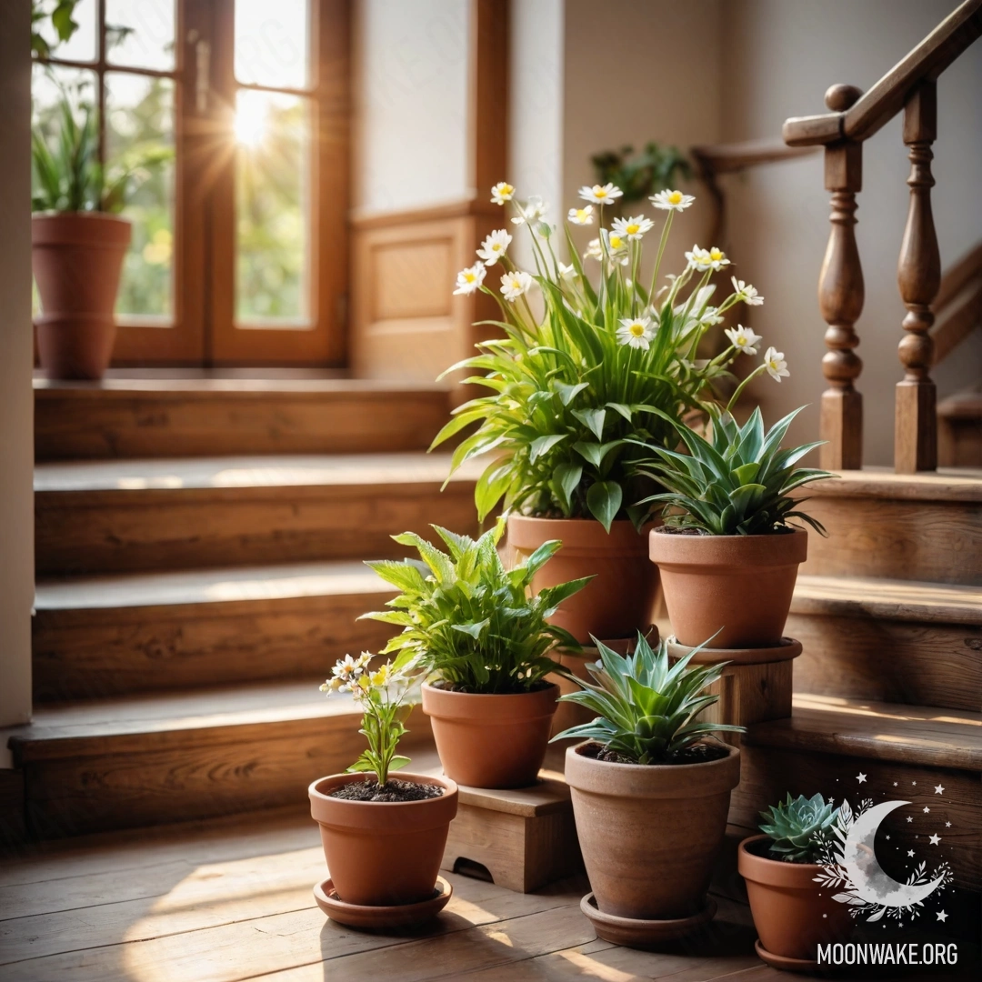 Serenity on Wooden Staircase with Sunlit Flowerpots Wooden staircase adorned with flowerpots illuminated by sun rays.