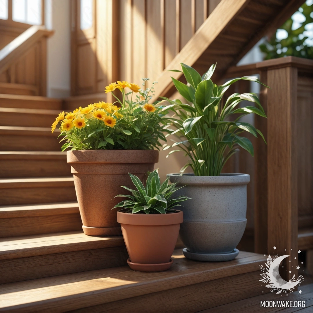A wooden staircase adorned with flowerpots illuminated by sun rays.
