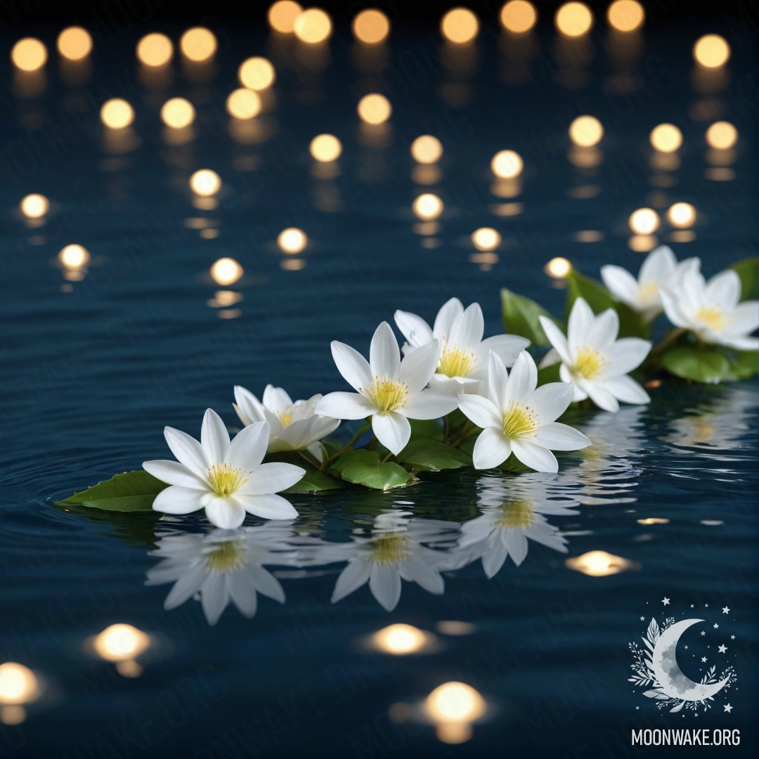 A calm surface of water adorned with delicate white flowers and twinkling lights.