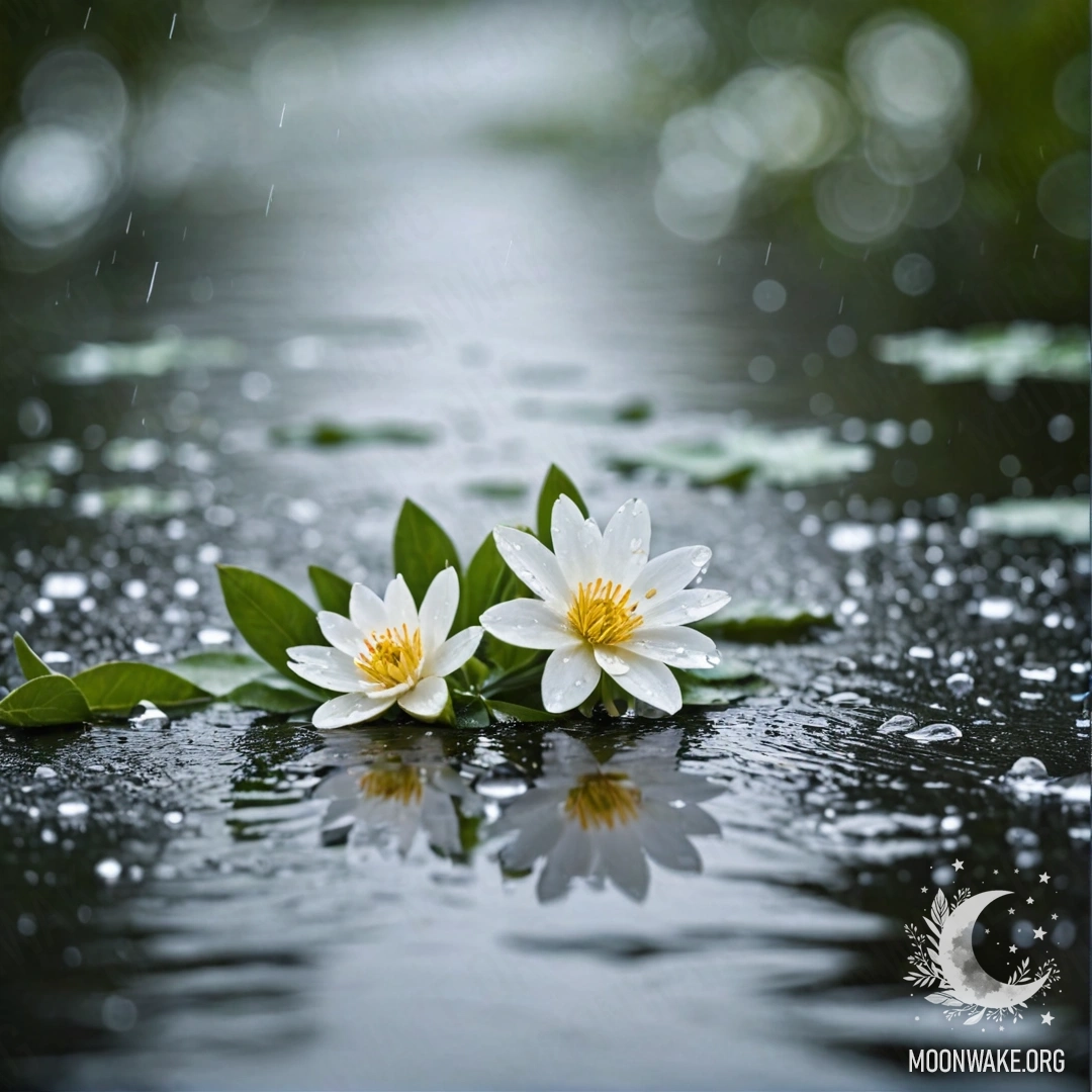 Delicate white flowers floating on a reflective water surface, rain droplets elegantly falling around them.
