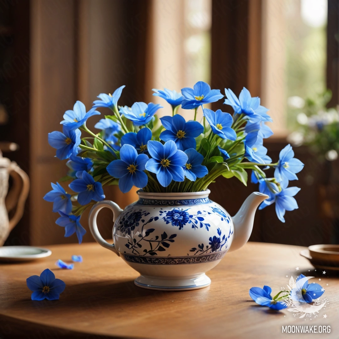 A round wooden table with a porcelain teapot and blue flowers inside, adorned with garland lights.