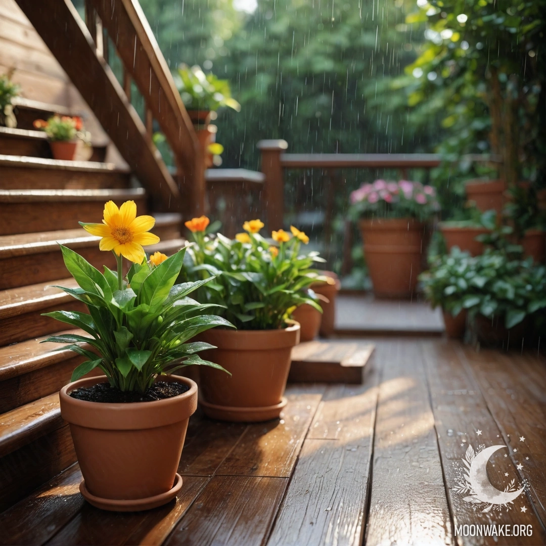 A serene wooden staircase adorned with flowerpots, under rain.
