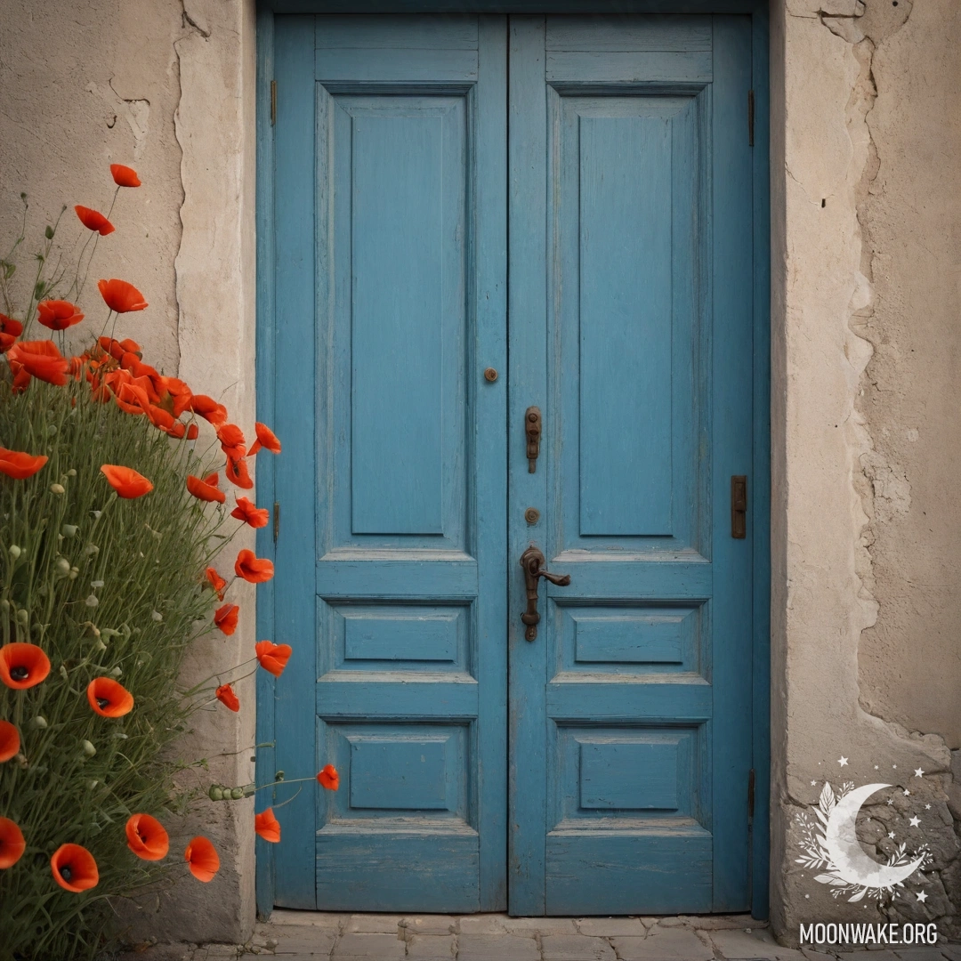 A photorealistic image of an old shabby blue door with a bouquet of poppies hanging from the handle, illuminated by the soft glow of sunset.
