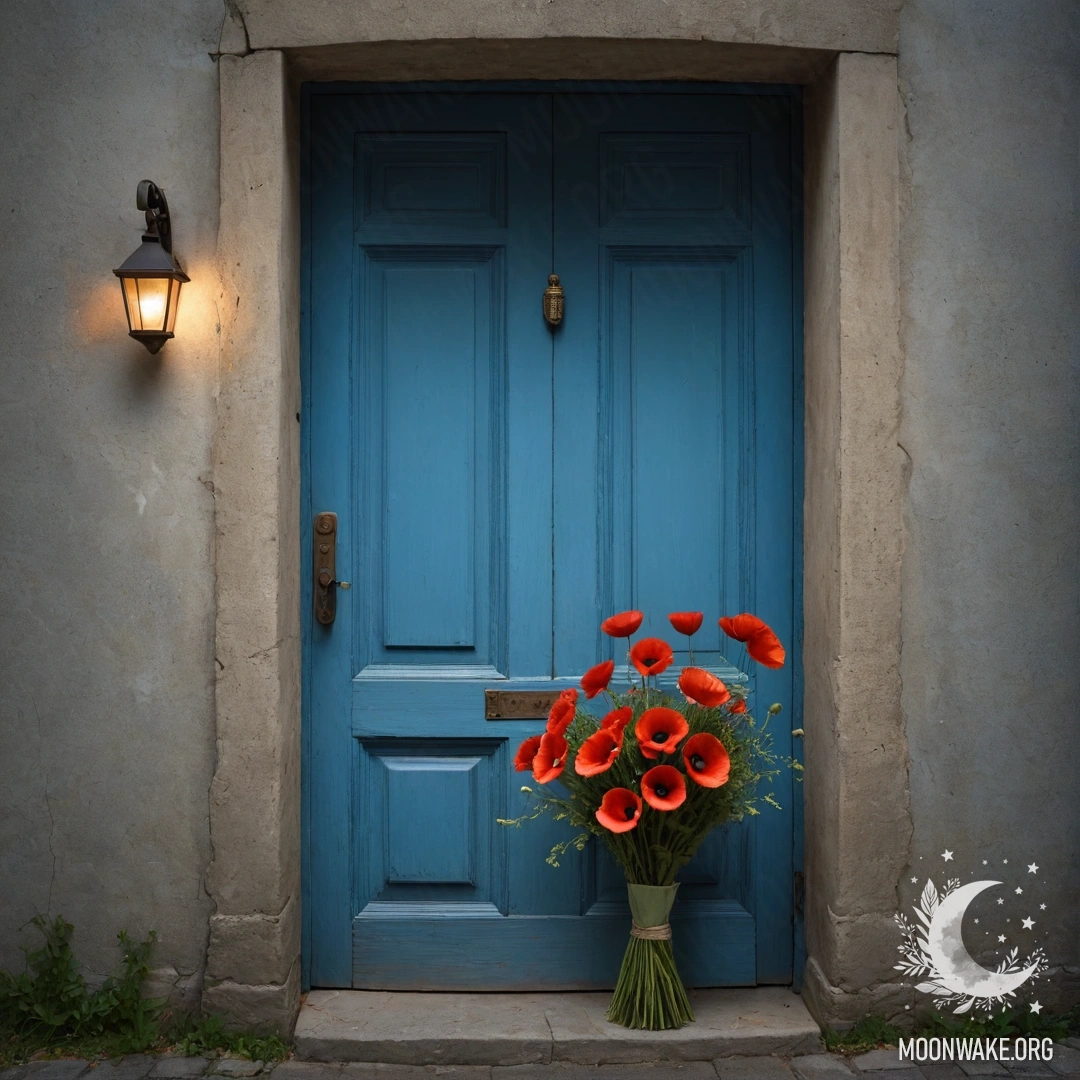 An old, shabby blue door with a bouquet of poppies hanging from the handle at night.