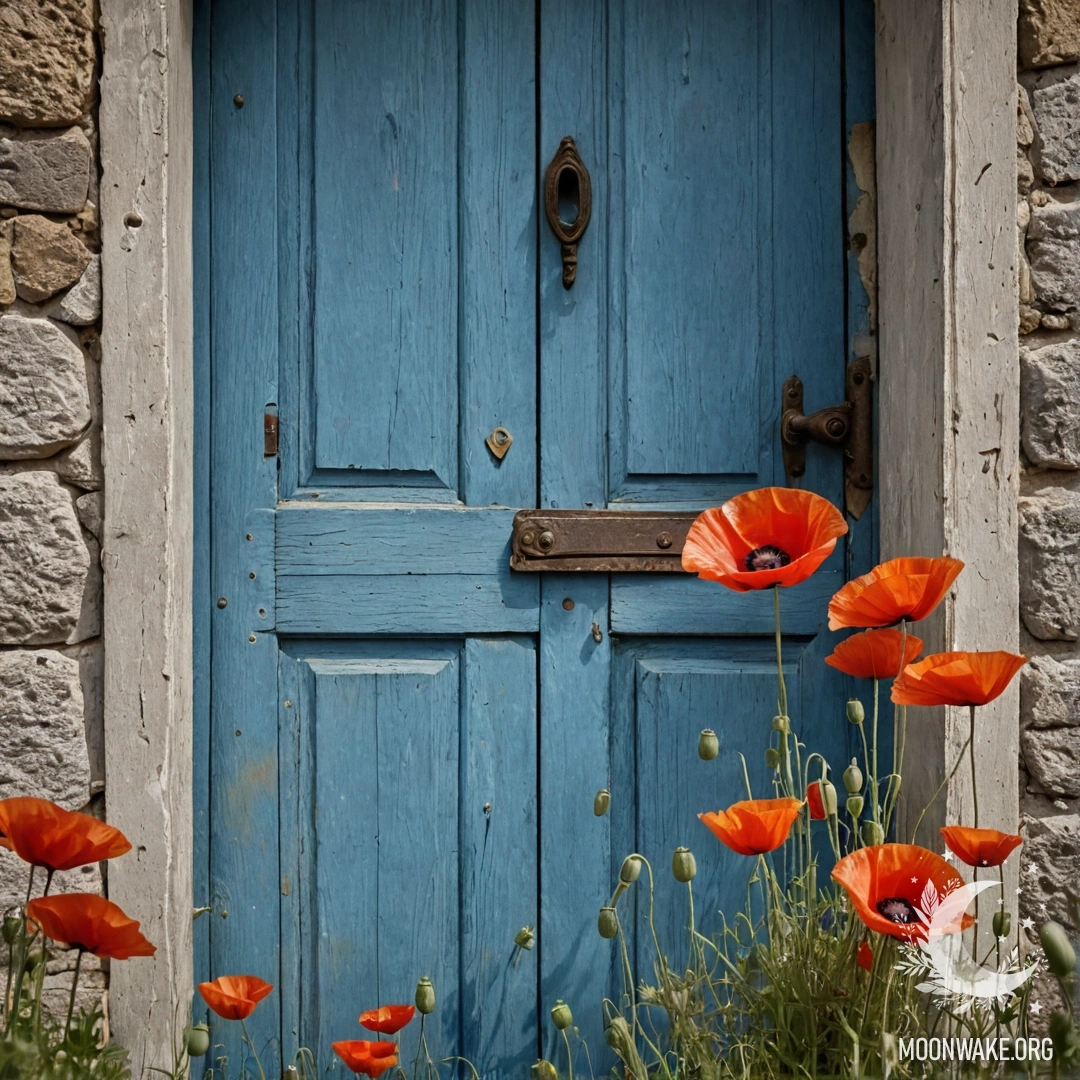 An old shabby blue door with a bouquet of red poppies in the handle.