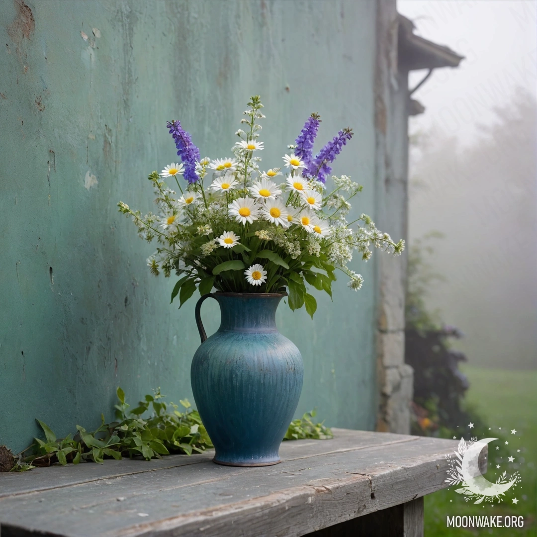 Shabby Blue Vase with Daisies in Fog A shabby blue metal vase filled with daisies and lilacs against a greenish wall obscured by dense fog.