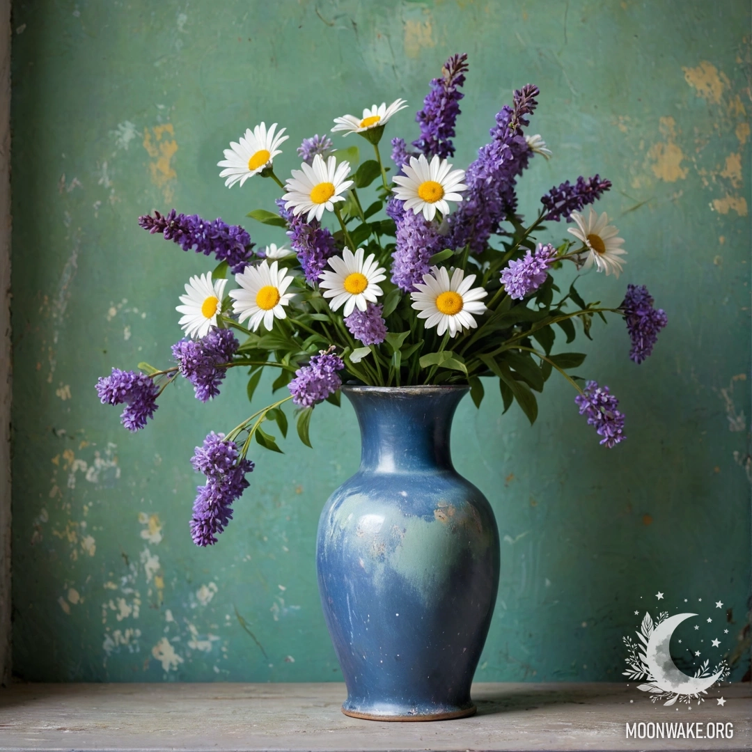 A shabby blue metal vase filled with daisies and lilacs against a greenish wall.