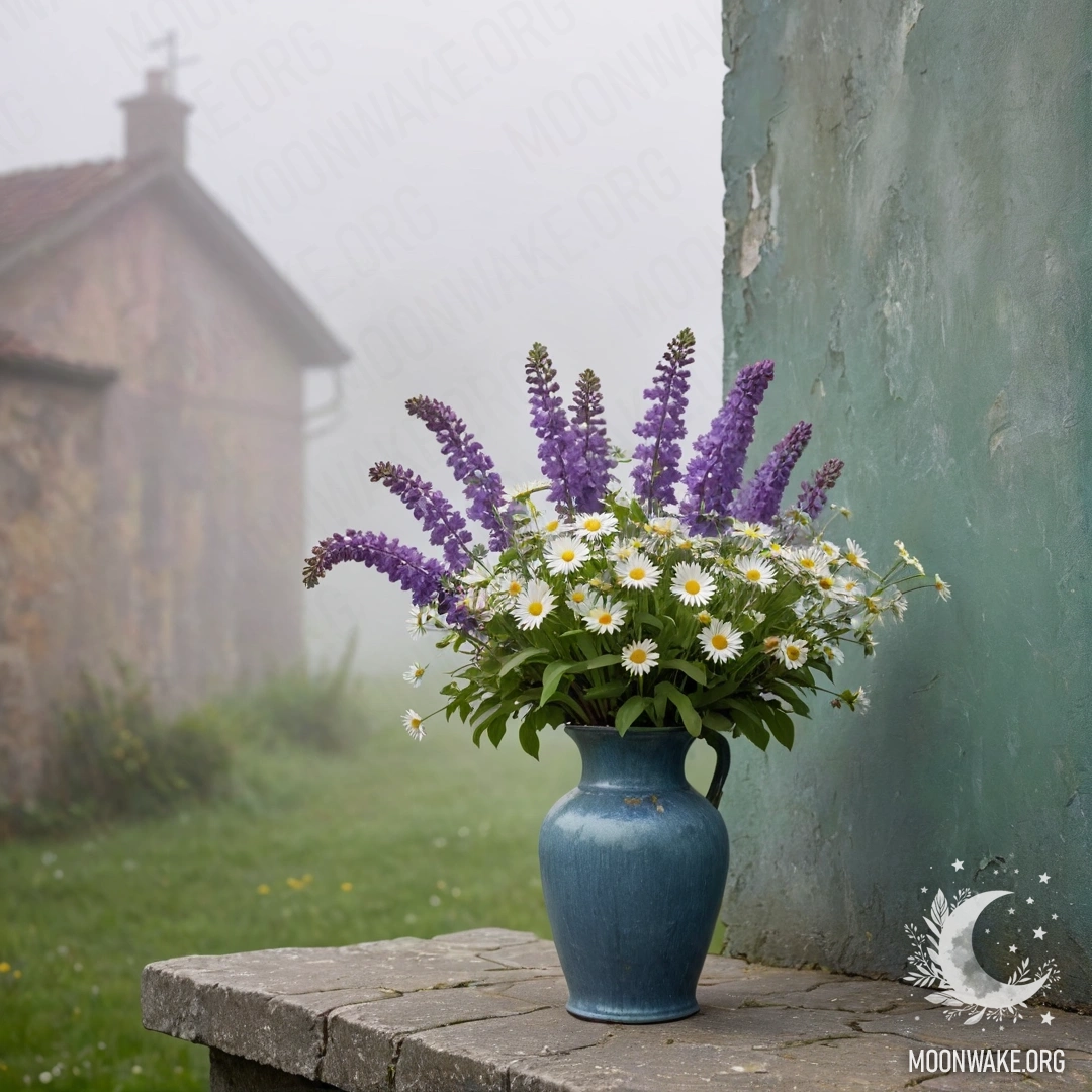 A shabby blue metal vase filled with daisies and lilacs against a greenish wall enveloped in thick fog.