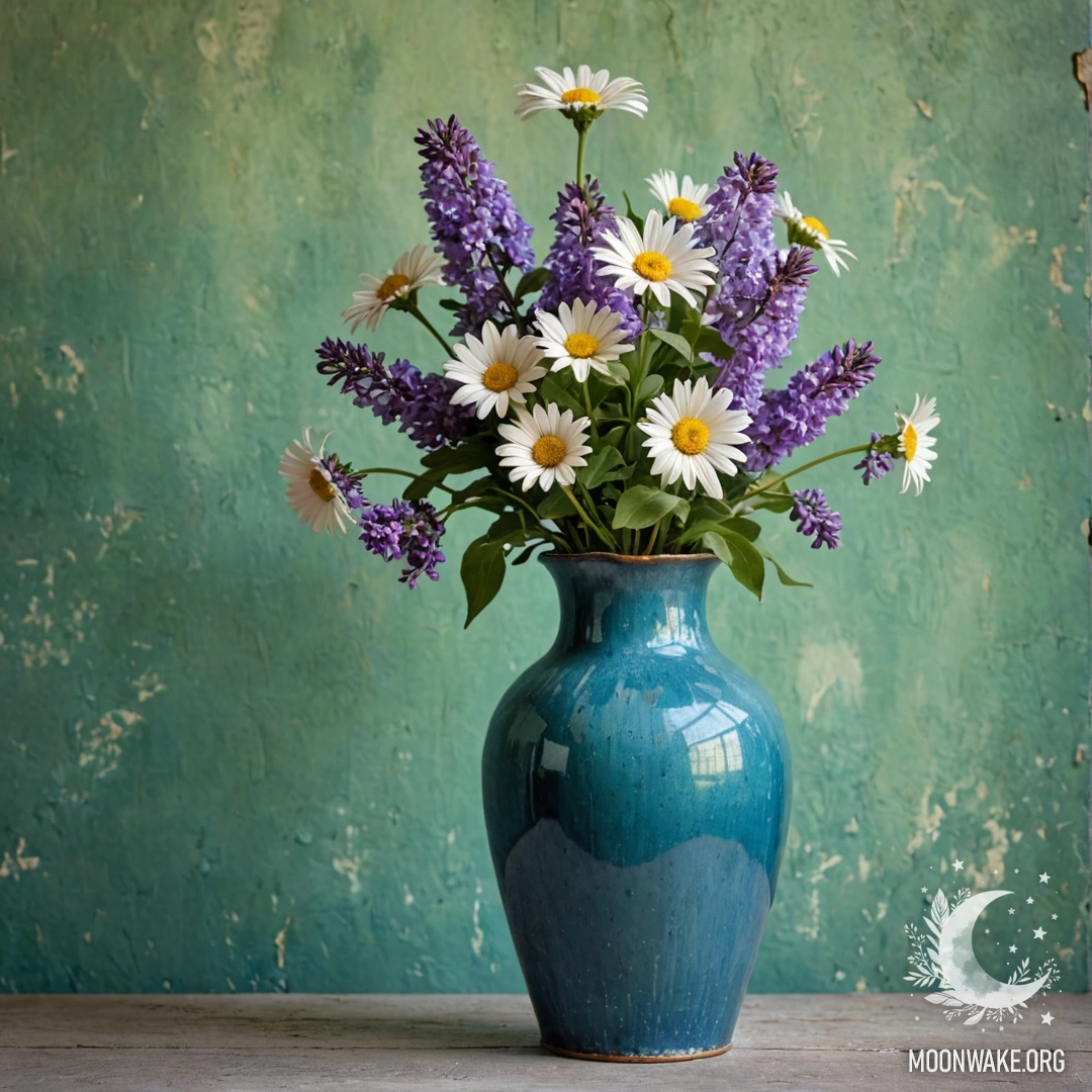 A shabby blue vase filled with daisies and lilacs against a greenish wall during sunset.