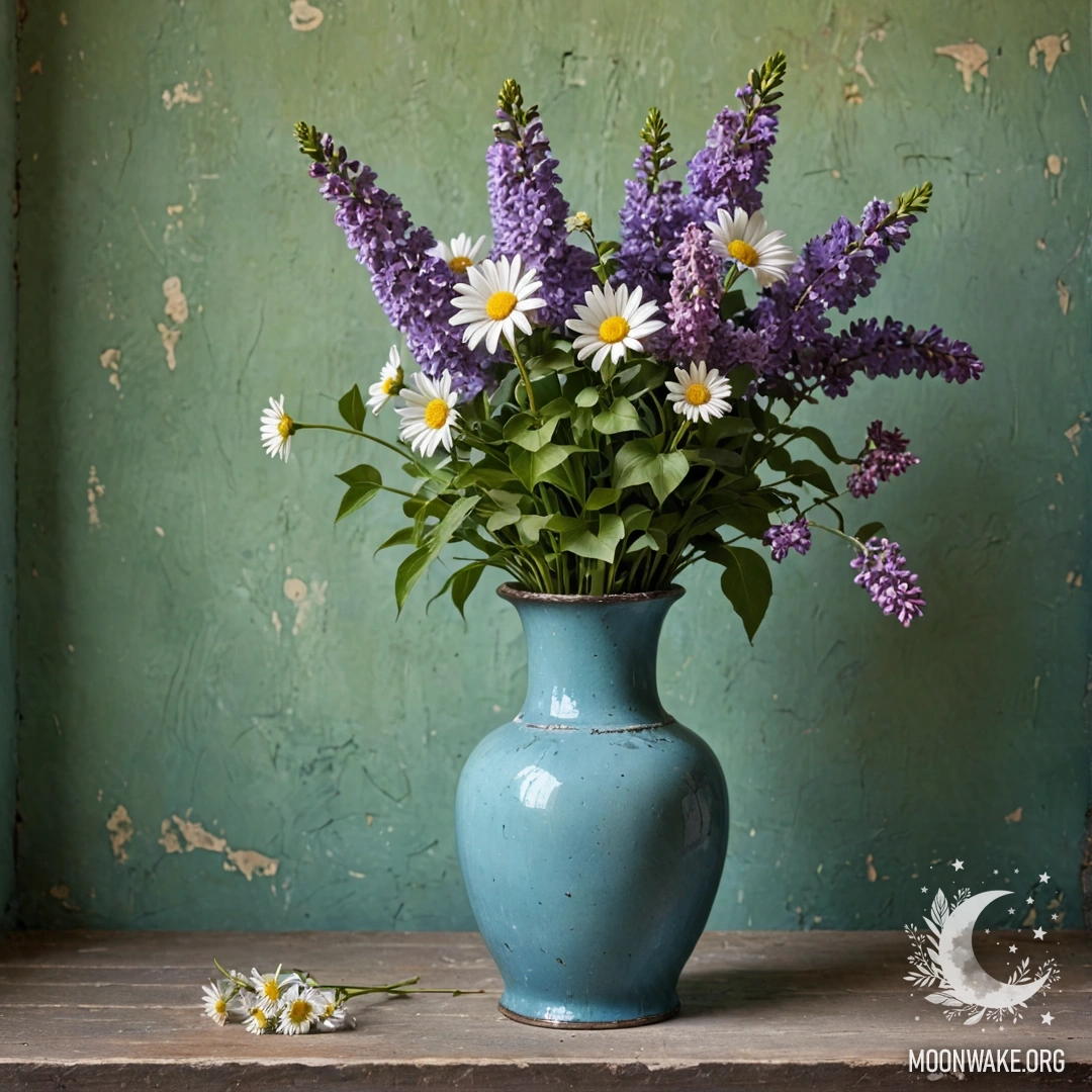 A shabby blue metal vase filled with daisies and lilacs against a worn green wall during sunset.