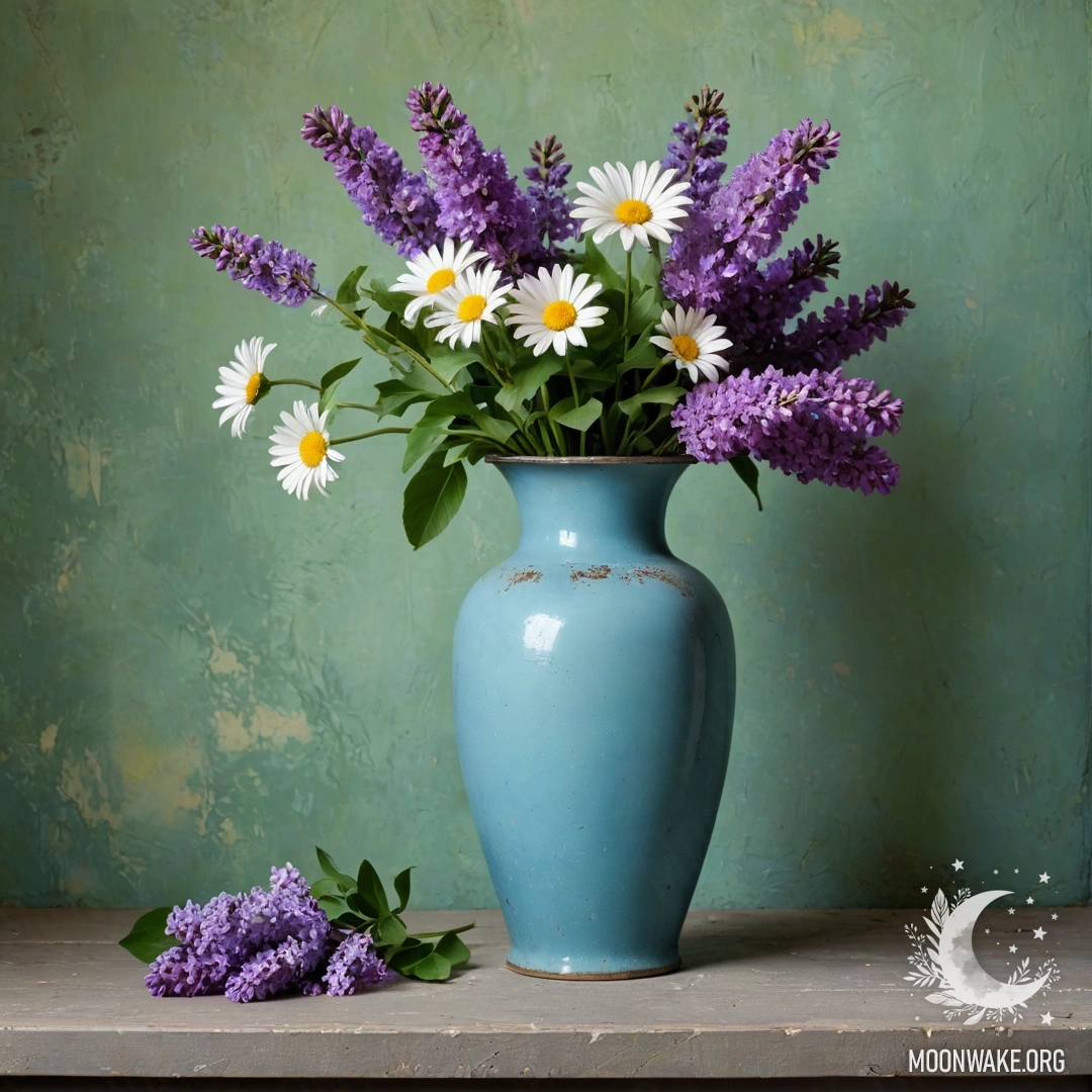 A shabby blue metal vase filled with daisies and lilacs against a greenish wall.
