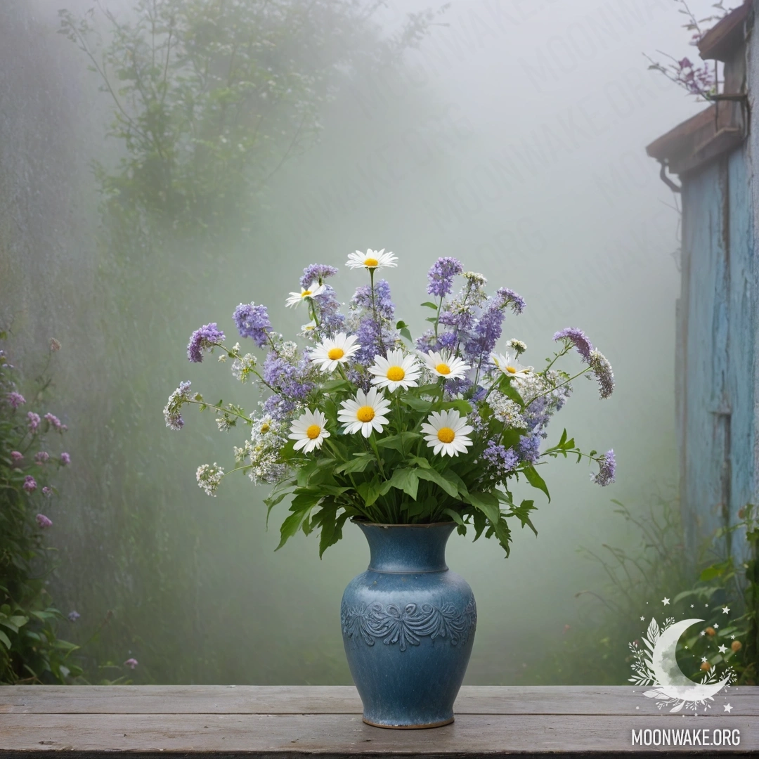 A shabby blue vase filled with daisies and lilacs, set against a greenish wall shrouded in dense mist.