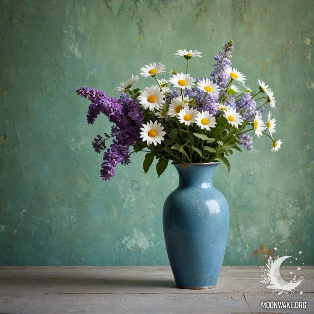 A shabby blue metal vase filled with white daisies and purple lilacs against a greenish wall.