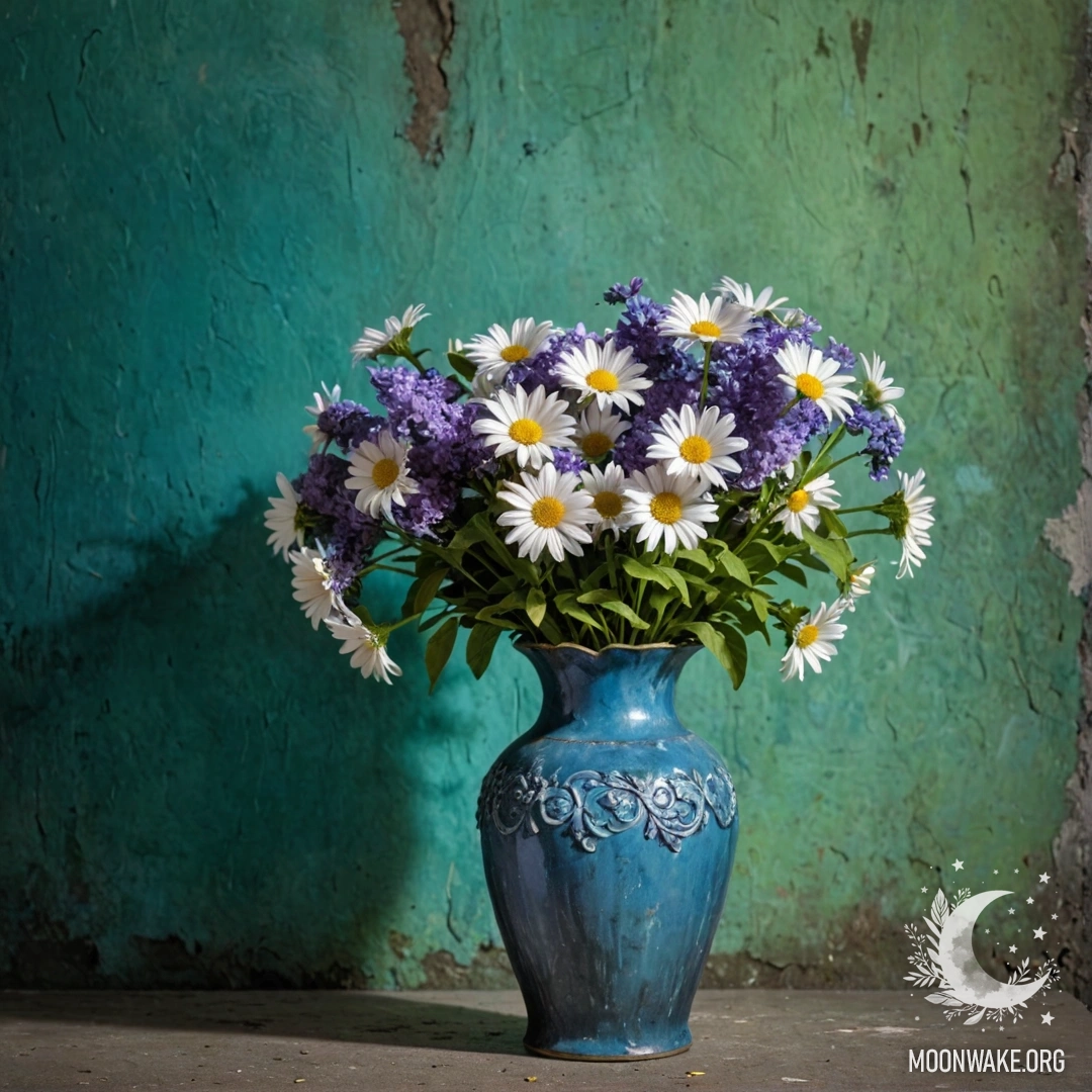 A shabby blue metal vase filled with daisies and lilacs near a greenish wall at night.