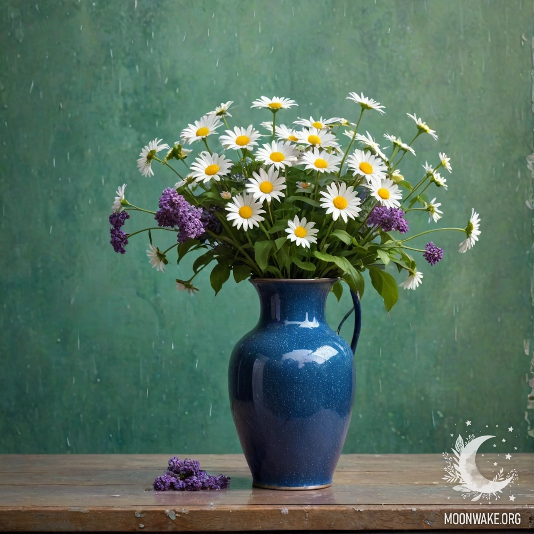 Shabby Blue Vase with Daisies and Lilacs A blue shabby metal vase holds white daisies and purple lilacs against a greenish wall in the rain.