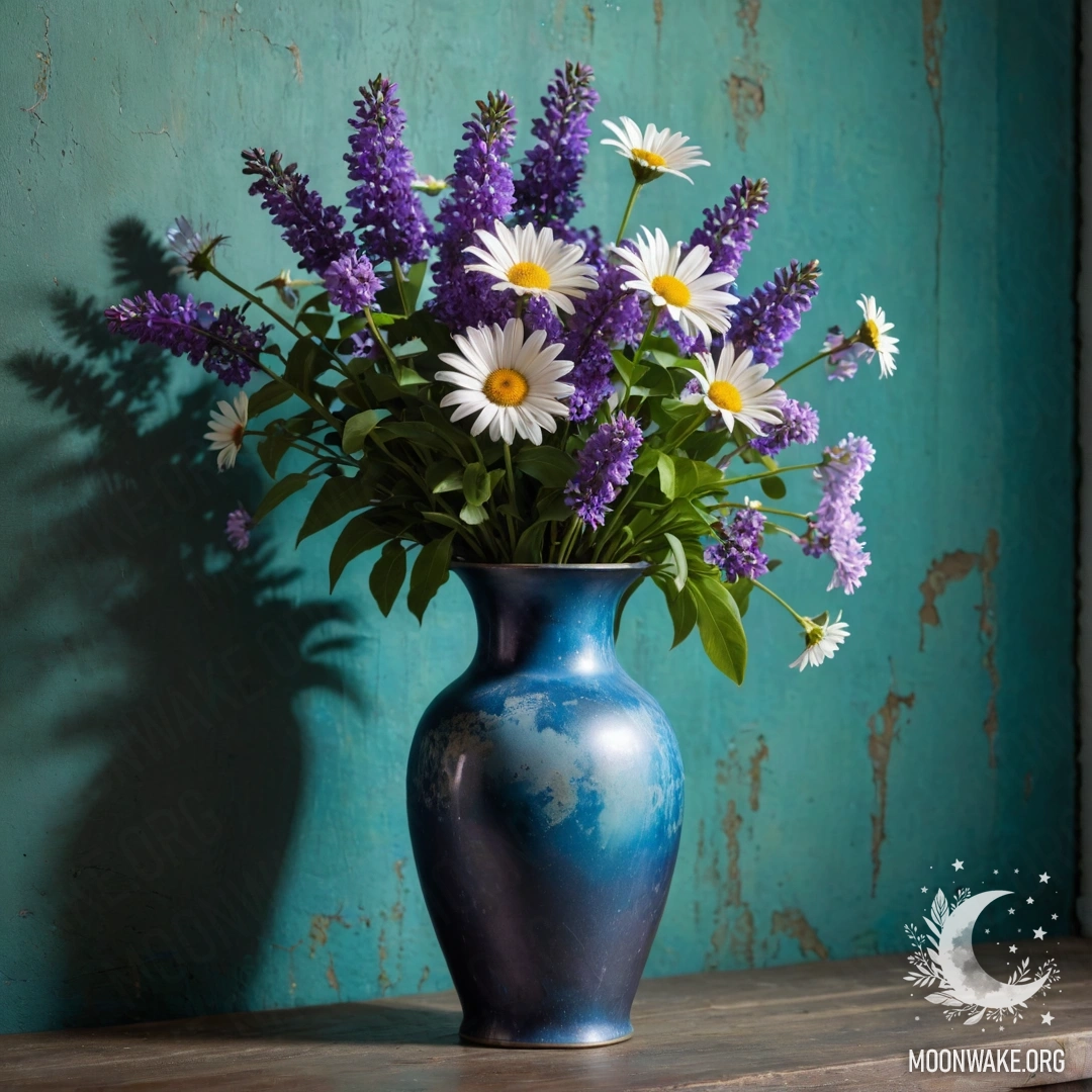 A shabby blue vase filled with daisies and lilacs is against a greenish wall.