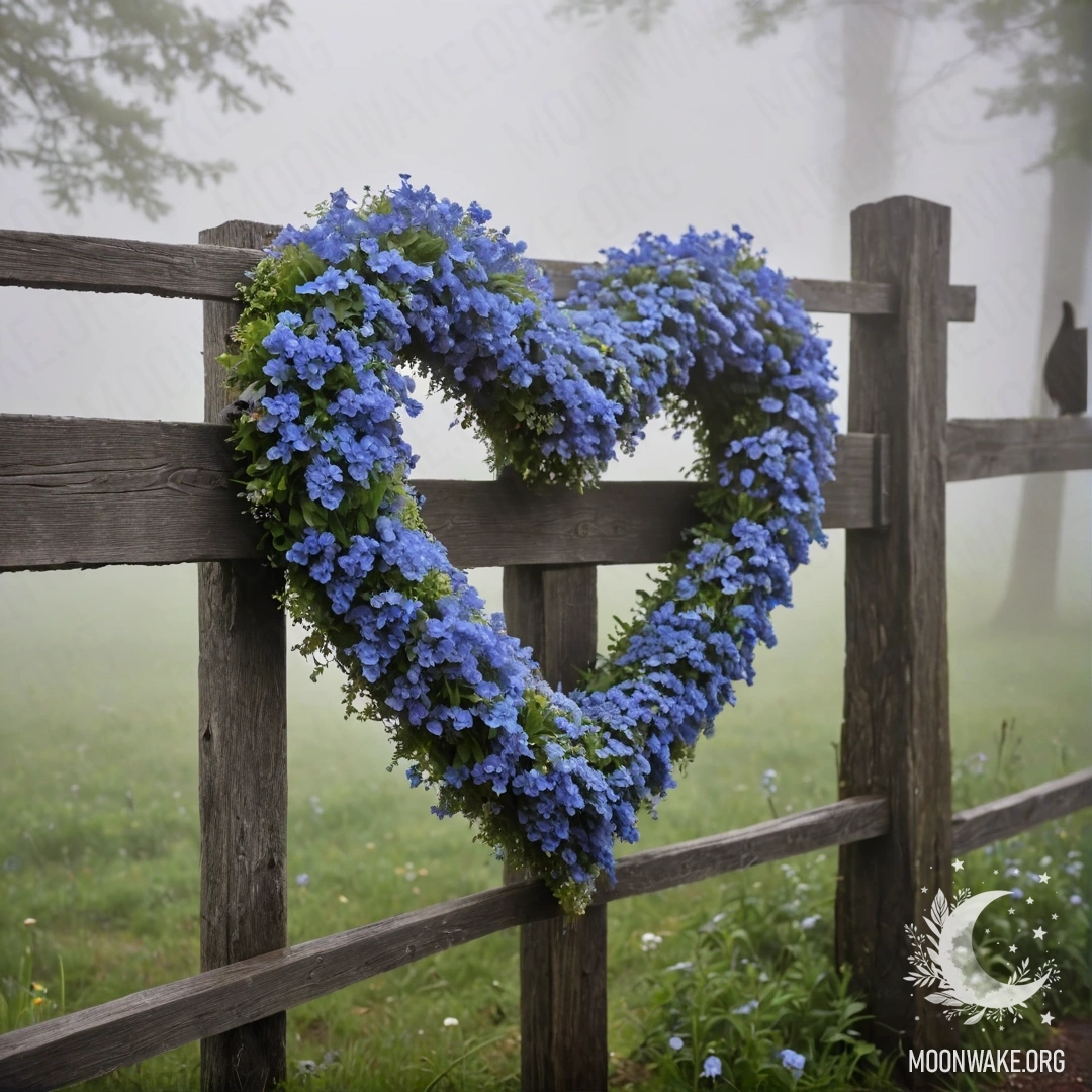 A shabby blue metal vase holding daisies and lilacs in fog.