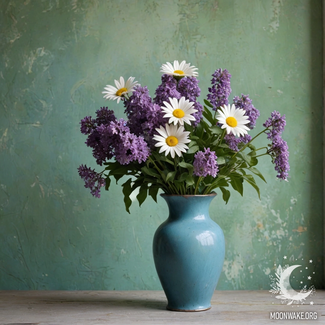 A shabby blue metal vase filled with daisies and lilacs against a greenish wall.