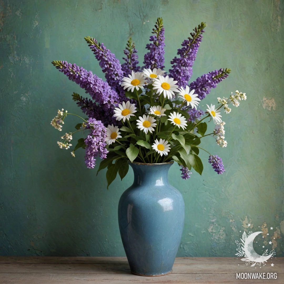 Charming Blue Vase with Flowers A shabby blue vase filled with daisies and lilacs against a greenish wall adorned with garland lights.