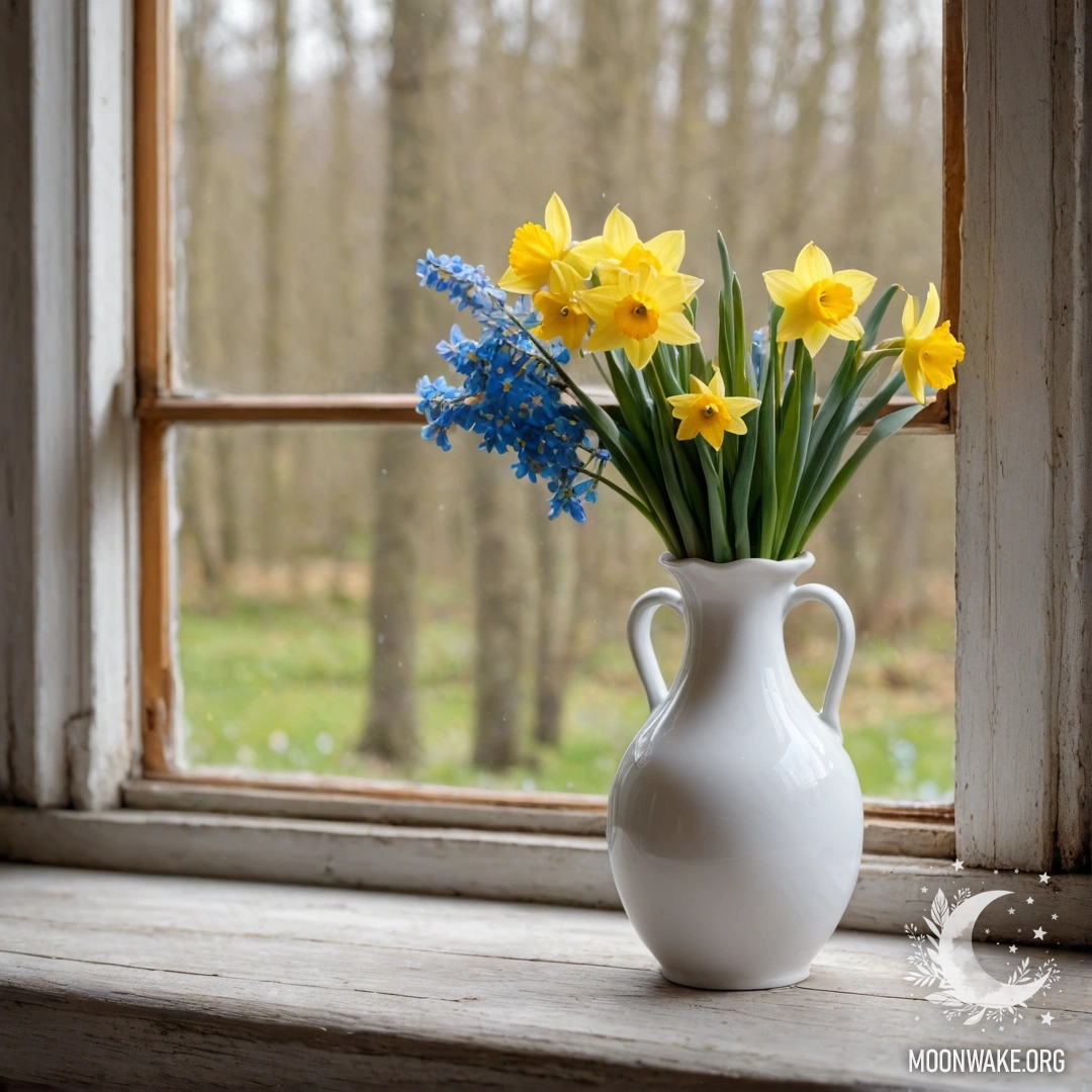 A shabby blue vase filled with daisies and lilacs against a greenish wall, illuminated by sun rays.