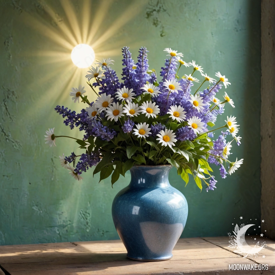 Charming Blue Vase with Daisies and Lilacs A shabby blue metal vase filled with daisies and lilacs against a greenish wall, illuminated by soft sun rays.