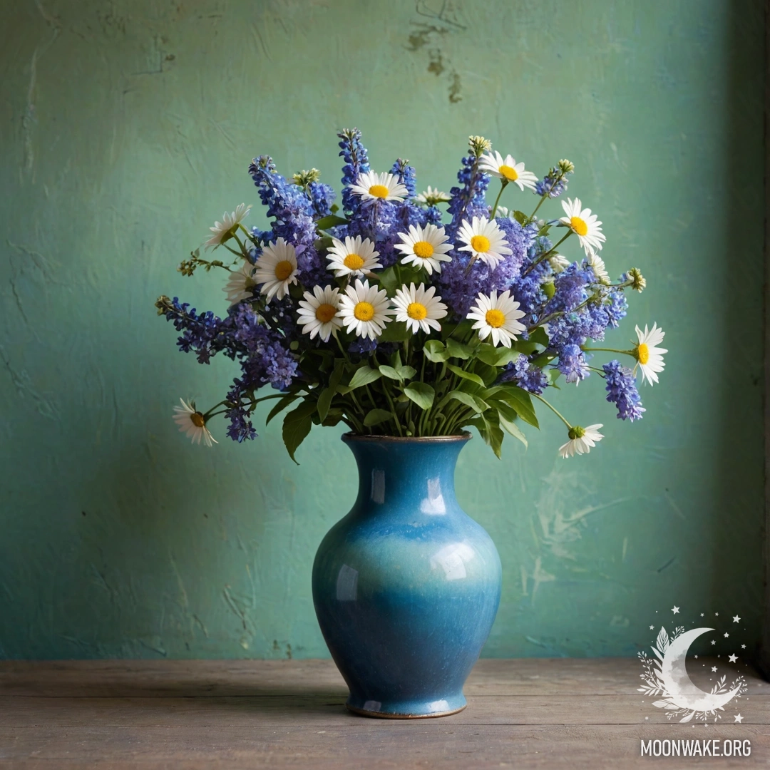A shabby blue metal vase with daisies and lilacs against a greenish wall at sunset.