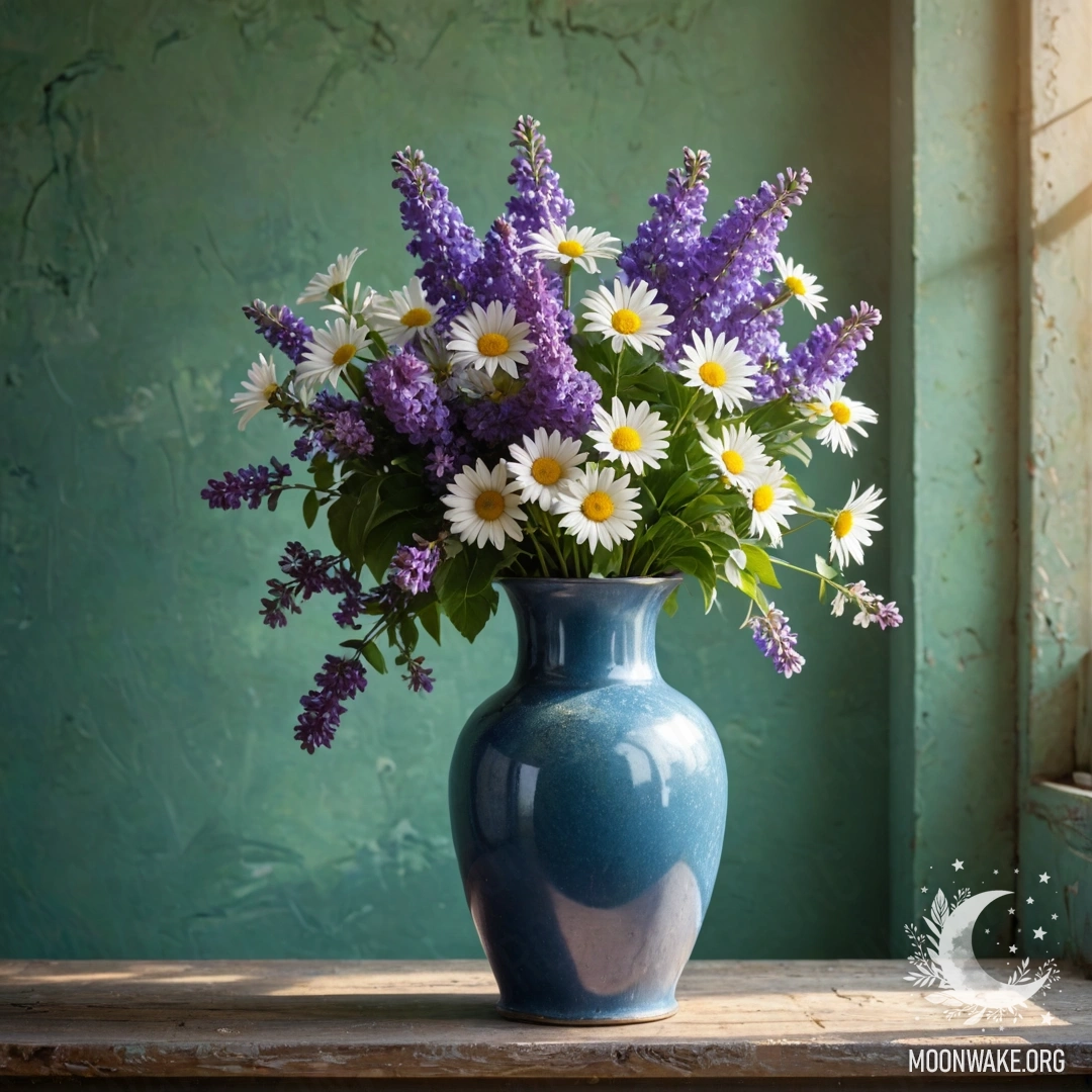 Shabby Blue Vase with Daisies and Lilacs A shabby blue metal vase filled with daisies and lilacs against a greenish wall illuminated by sun rays.