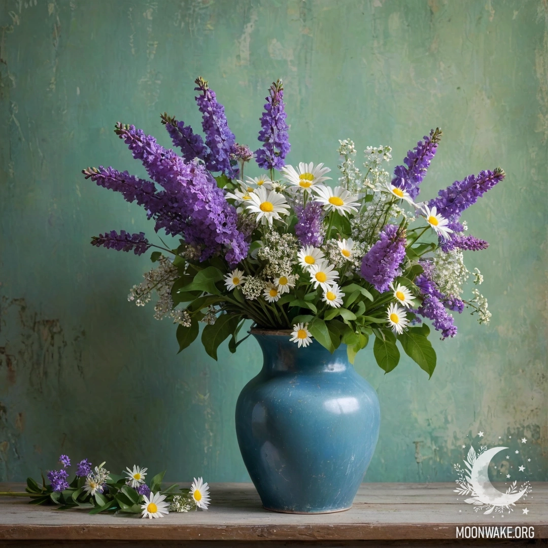 A shabby blue metal vase filled with daisies and lilacs against a greenish wall with garland lights.