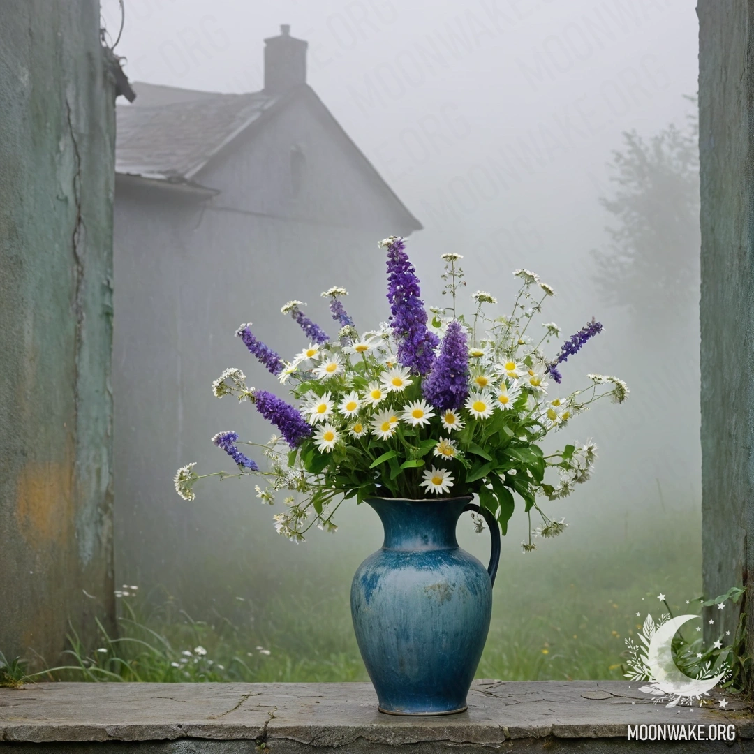 A shabby blue vase filled with daisies and lilacs, set against a misty greenish wall.