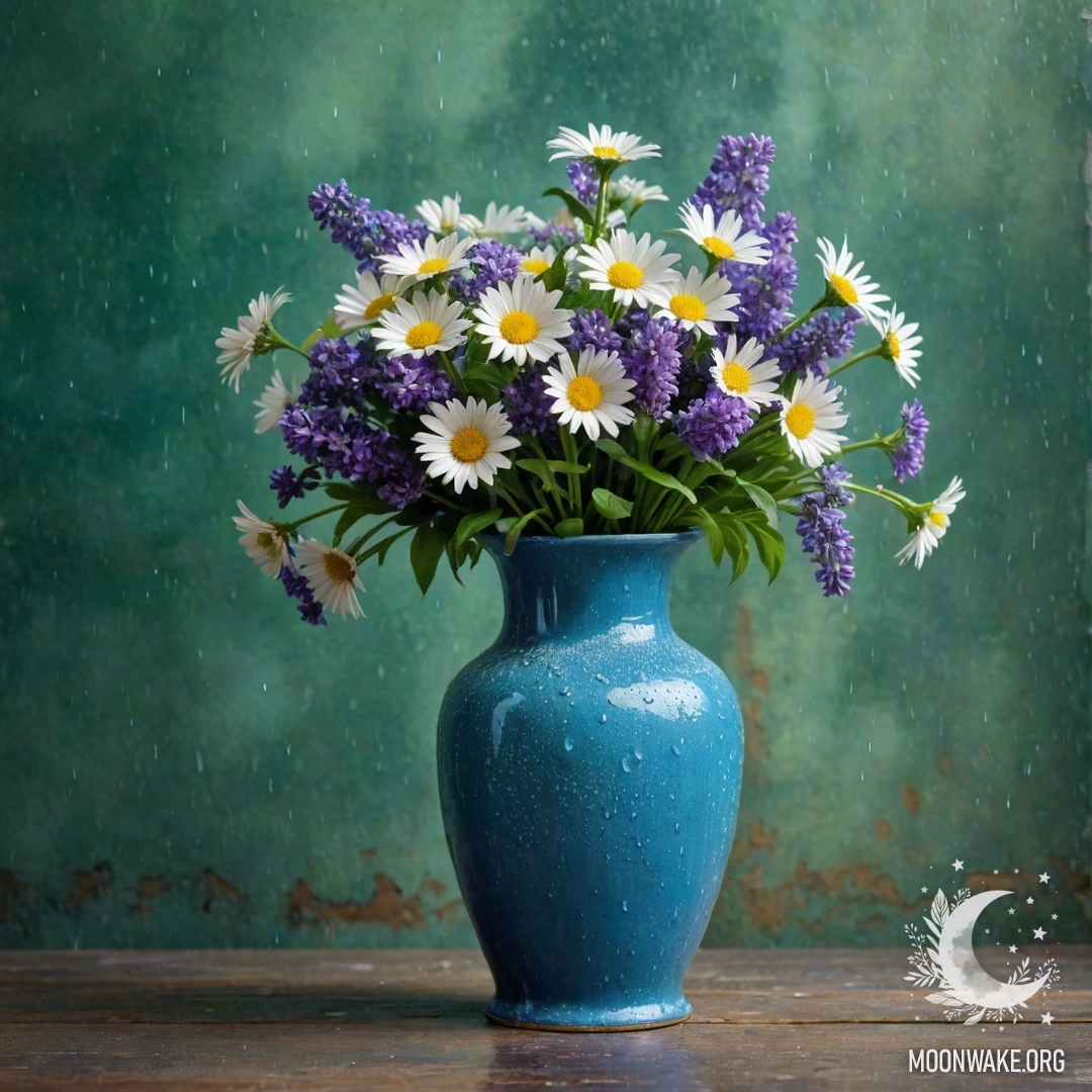 A shabby blue metal vase filled with white daisies and lilacs against a greenish wall under the rain.