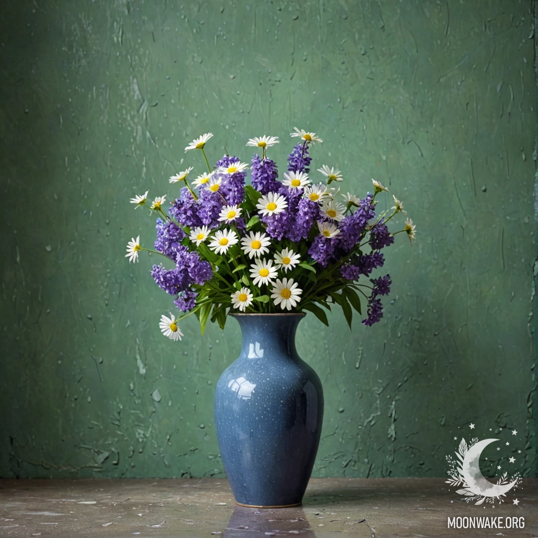 A shabby blue vase filled with daisies and lilacs, set against a greenish wall in the rain.